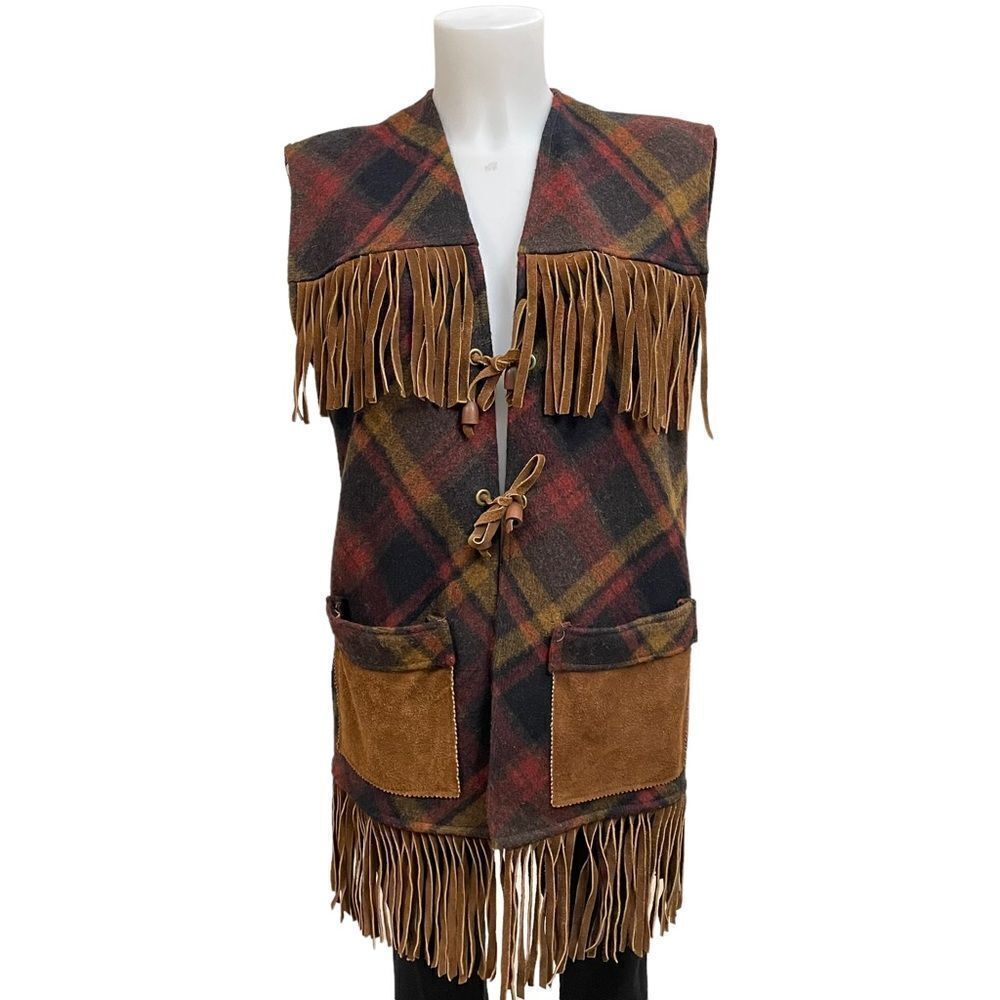 COPY - PIONEER WEAR VINTAGE WOMENS / UNISEX PLAID WOOL‎ SUEDE FRINGE VEST Coat